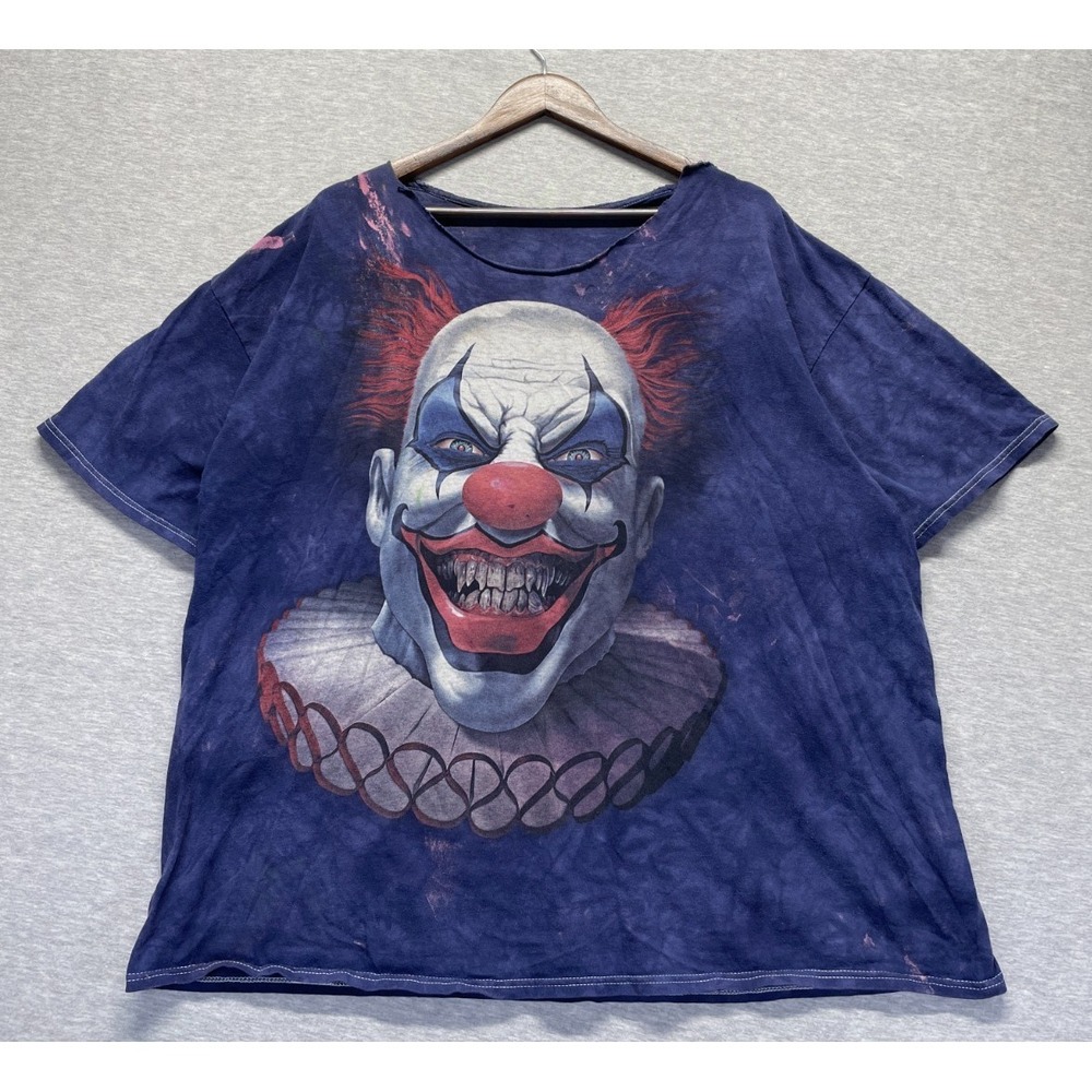 Mens T-Shirt 2XL Blue Scary Horror Clown Graphic Short Sleeve Crewneck Pullover